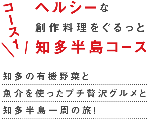 コース2 ヘルシーな創作料理をぐるっと知多半島コース　知多の有機野菜と魚介を使ったプチ贅沢グルメと知多半島一周の旅！